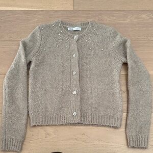 Zara Taupe Cardigan with Pearl Accents